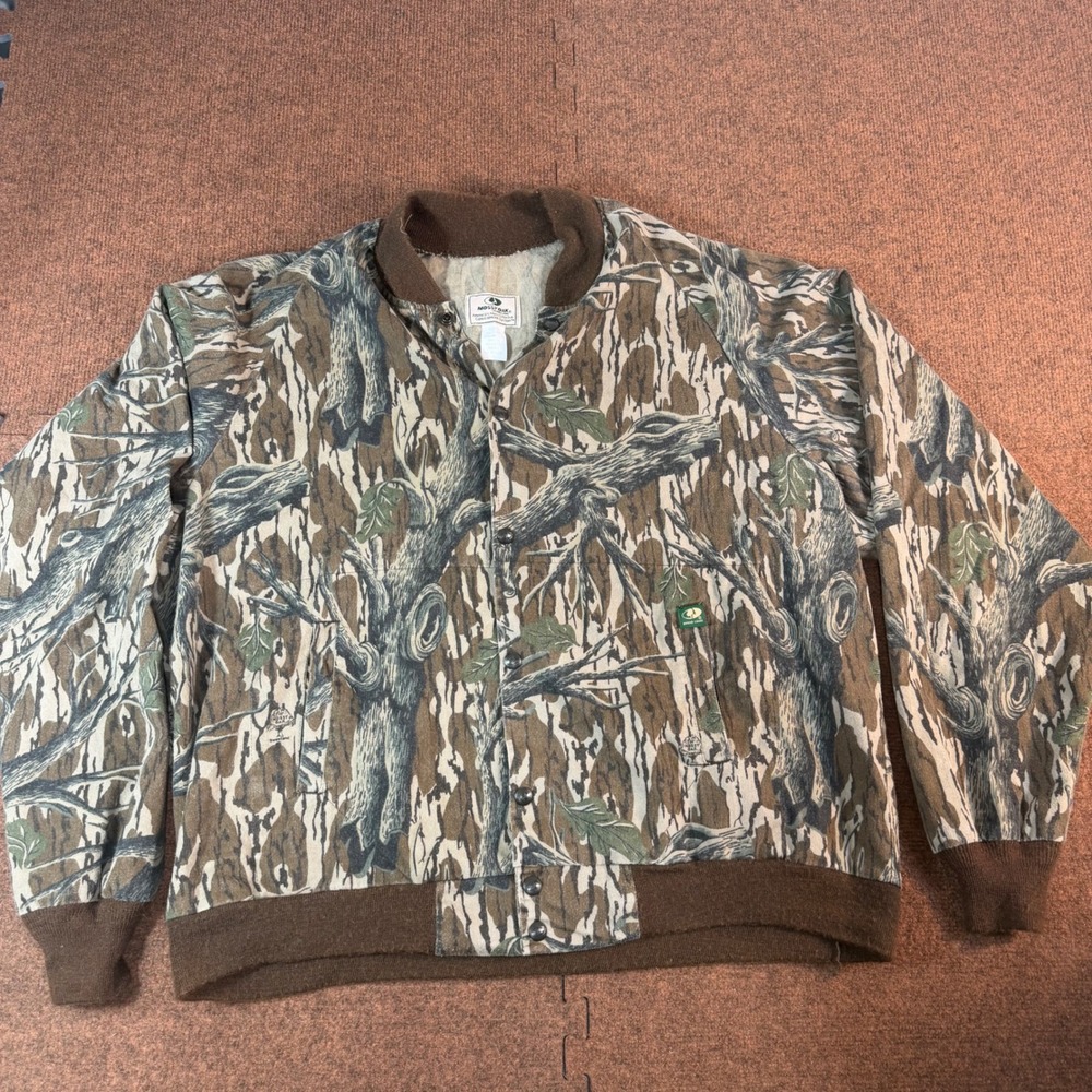 Mossy Oak Camo Bomber Jacket Mens 2XL Bottomland Tree Bark Snap Front USA Made